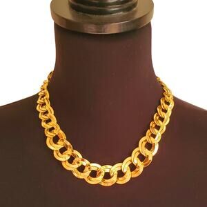 Gold Tone Double Link Necklace Graduated Chunky Statement Bold Collar Vtg 1980s